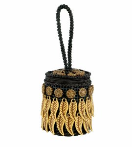 Original cylindrical hanging leaves based hand purse/ pouch with a zipper for women