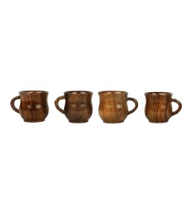 Japanese wooden round tea and coffee cups/ mugs with a handle for kitchen decor (Set of 4)