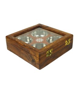 Sheesam wooden dry handcrafted dry fruit box/ container with 4 steel bowls(four sections)