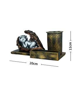 Metal prime functional sleeping baby cupid with wings desk organiser /pen container for study table and office table