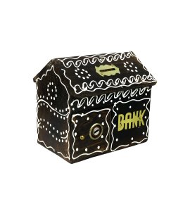 Artistic handcrafted dark-brown wooden money bank or gullak with a coin slot for childrens