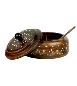 Wooden vintage round spicebox/ spices container with a lid and spoon for Kitchen(4 gaps)