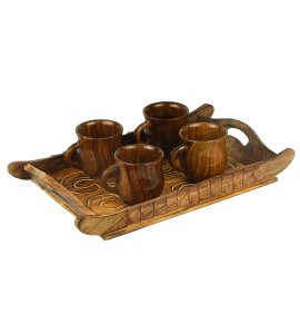 Grand horizontally designed shape wooden zig-zag bars tray /serving tray with wavy side borders for kitchen and dining table (set of 3)