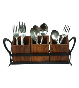 Wooden 3 cutlery holders with a iron border stand /3 spoon and fork keeper jars for kitchen and dining table