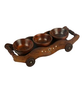 Grand vertically designed shape wooden wheel tray/ serving tray/ trolley tray with 3 snack bowls, wavy borders and 4 wheels for kitchen and dining table