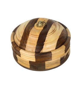 Indian wooden round brown striped roti and chapati box, roti keeper, casserole for kitchen and dining table