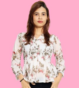Collar flower based floral womens printed top (white) - Made up of Rayon for your plesant and cozy