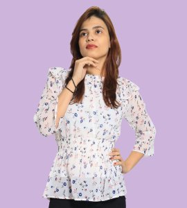 Squeeshed stomach, blue flowers floral womens printed top (white) - Made up of Rayon for your plesant and cozy