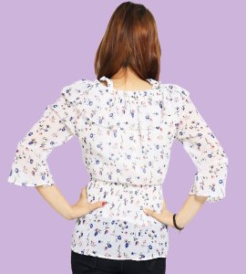 Squeeshed stomach, blue flowers floral womens printed top (white) - Made up of Rayon for your plesant and cozy