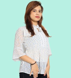 Blue buds floral womens printed top (white) - Made up of Rayon for your plesant and cozy