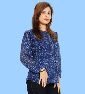 Blue tulips floral printed womens top (navy blue) - Made up of Rayon for your plesant and cozy