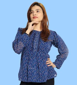 Blue tulips floral printed womens top (navy blue) - Made up of Rayon for your plesant and cozy