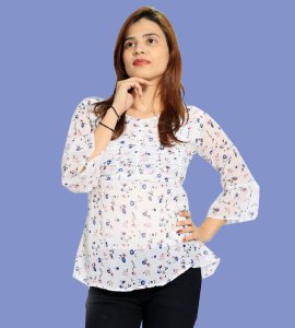Miny blue flowers floral womens printed top (white) - Made up of Rayon for your plesant and cozy