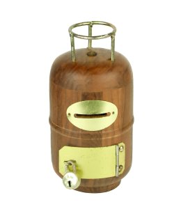Durable handcrafted wooden cylindrical money bank or gullak with a coin slot for childrens