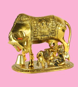 Golden metal Kamdhenu Cow with Calf and litttle krishna for home and puja ghar decor