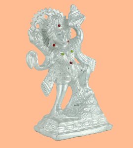 Brass metal silver handcrafted standing Lord Hanuman idol with sun chakra for home & puja ghar