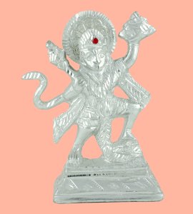 Brass metal silver standing Lord Hanuman idol with a circle chakra for home & puja ghar