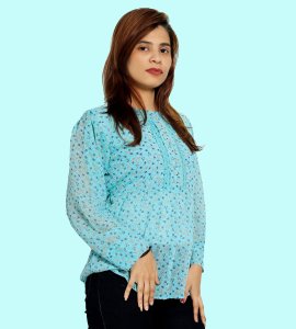 Thread blue circles floral womens printed top (sky blue top) - Made up of Rayon for your plesant and cozy