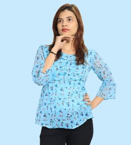 Tiny blue flowers floral womens printed top (sky blue top) - Made up of Rayon for your plesant and cozy