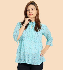 Orange Blue Tulips floral womens printed top (sky blue top) - Made up of Rayon for your plesant and cozy