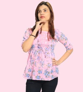 Blue flowers floral printed womens top (pink top) - Made up of Rayon for your plesant and cozy