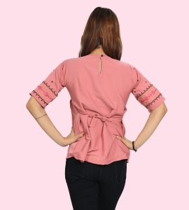 Two black parallel lines, pink flowers floral printed womens top (pink top) - Made up of Rayon for your plesant and cozy