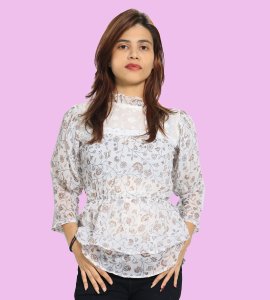 Greyish flower blossom floral womens printed top (white) - Made up of Rayon for your plesant and cozy