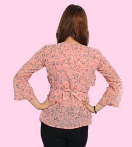 Wheatish flowers with stems floral printed womens top (peach top) - Made up of Rayon for your plesant and cozy