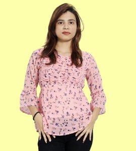 Butterfly pea flowers, scattered upper half floral printed womens top (baby pink top) - Made up of Rayon for your plesant and cozy