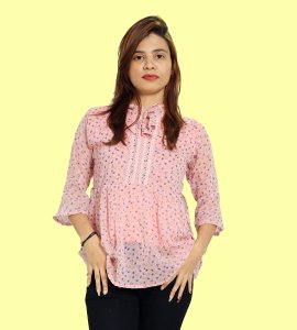 Blue tulips, knot at front floral printed womens top (baby pink top) - Made up of Rayon for your plesant and cozy