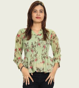 Red flowers floral womens printed top (light green top) - Made up of Rayon for your plesant and cozy