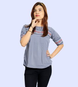Red circles, black vertical parallel lines printed womens top (purple top) - Made up of Rayon for your plesant and cozy