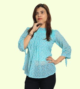 Orange blue tulips floral womens printed top (sky blue top) - Made up of Rayon for your plesant and cozy