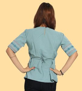Blue circles, two vertical parallel lines womens printed top (sky blue top) - Made up of Rayon for your plesant and cozy