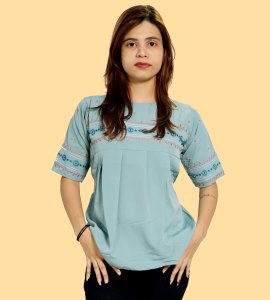 Blue circles, two vertical parallel lines womens printed top (sky blue top) - Made up of Rayon for your plesant and cozy