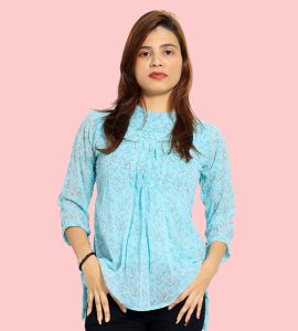 Orange Blue flowers floral womens printed top (sky blue top) - Made up of Rayon for your plesant and cozy