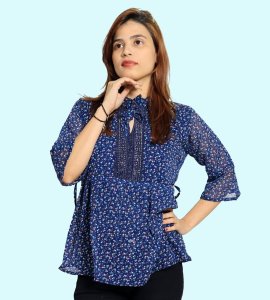 Blue orange infinite buds floral printed womens top (Navy blue) - Made up of Rayon for your plesant and cozy