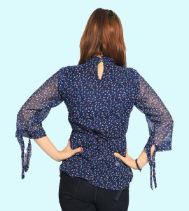 Blue orange infinite buds, net in sleeves floral printed womens top (Navy blue) - Made up of Rayon for your plesant and cozy