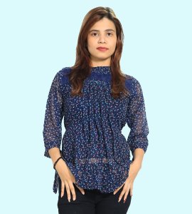 Blue orange infinite buds, net in sleeves floral printed womens top (Navy blue) - Made up of Rayon for your plesant and cozy