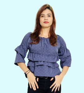 White potka dots printed womens top (Navy blue) - Made up of Rayon for your plesant and cozy