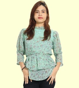 Wheatish flower, squeezed center floral womens printed top (aqua marine top) - Made up of Rayon for your plesant and cozy
