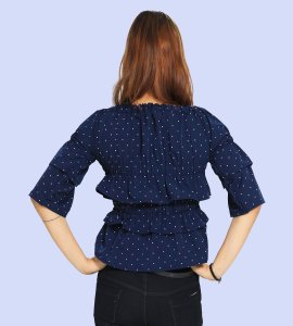 White potka dots, squeezed in center floral womens printed top (dark blue top) - Made up of Rayon for your plesant and cozy