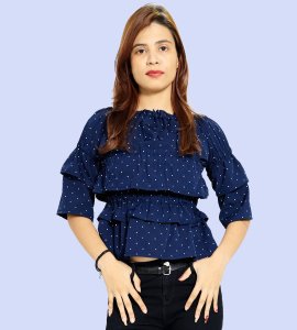 White potka dots, squeezed in center floral womens printed top (dark blue top) - Made up of Rayon for your plesant and cozy