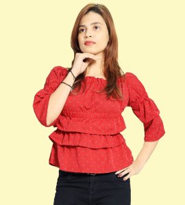 White potka dots, 3 layers printed top for Womens/ girls (Red)- Made up of Rayon and designed for you plesant and cozy