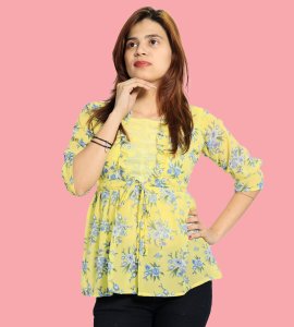 Blue flower floral womens printed top (yellow top) - Made up of Rayon for your plesant and cozy
