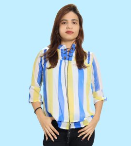 Blue, Yellow, White broad vertical lines womens printed top (yellow top) - Made up of Rayon for your plesant and cozy