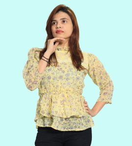 Heart-shaped petals floral womens printed top (yellow top) - Made up of Rayon for your plesant and cozy