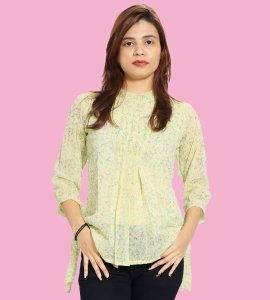 Red Blue Tulips floral womens printed top (yellow top) - Made up of Rayon for your plesant and cozy