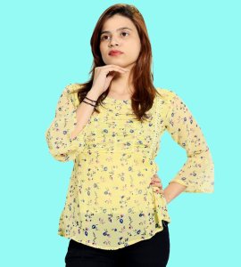 Blue pupils floral womens printed top (yellow top) - Made up of Rayon for your plesant and cozy