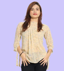 Red and blue tiny flowers floral womens printed top (yellow top) - Made up of Rayon for your plesant and cozy